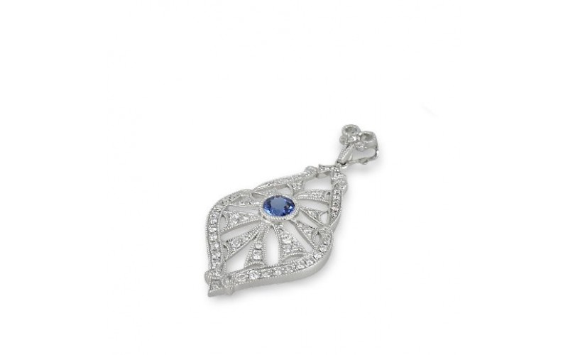 14K White Gold Sapphire With Diamond Pendant