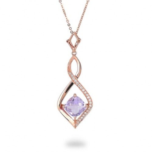 14K Rose Gold Amethyst With Diamond Pendant