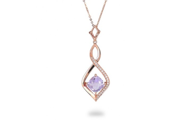 14K Rose Gold Amethyst With Diamond Pendant