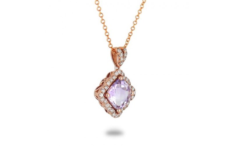 14K Rose Gold Amethyst With Diamond Pendant