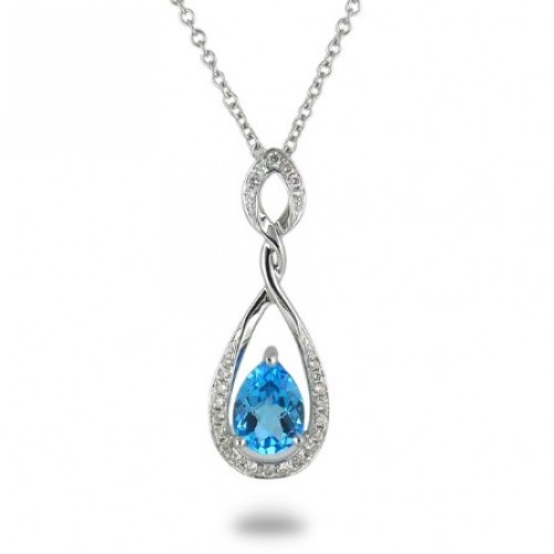 14K White Gold Blue Topaz With Diamond Pendant