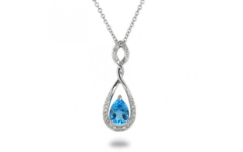 14K White Gold Blue Topaz With Diamond Pendant