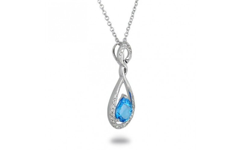 14K White Gold Blue Topaz With Diamond Pendant