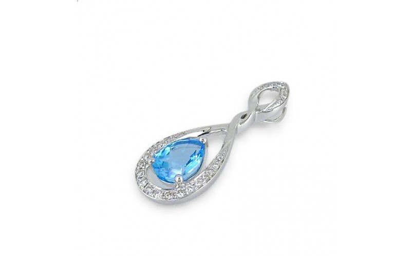 14K White Gold Blue Topaz With Diamond Pendant