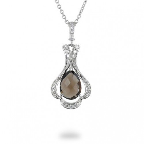 14K White Gold Smokey Quartz With Diamond Pendant