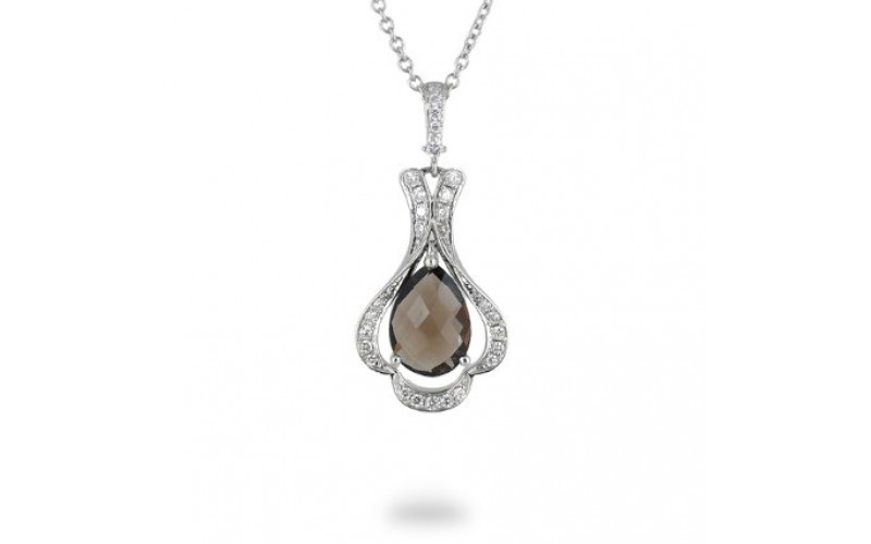 14K White Gold Smokey Quartz With Diamond Pendant