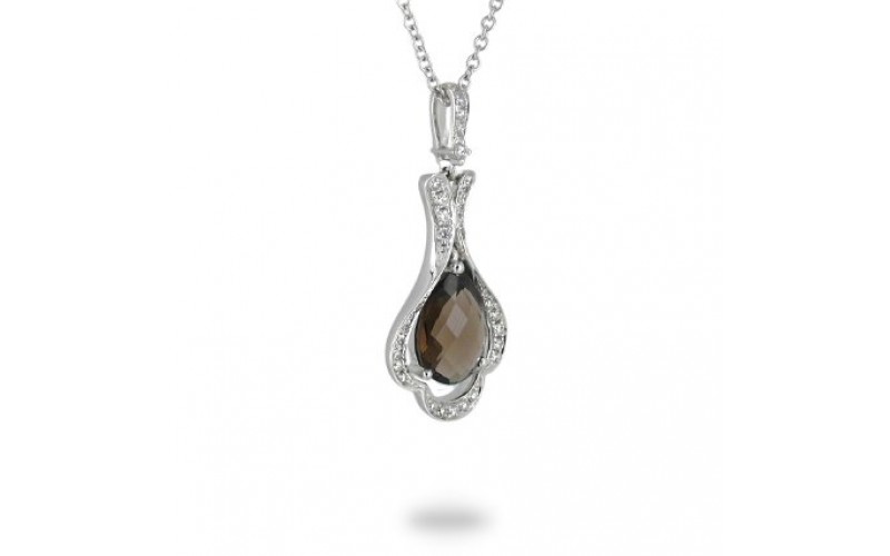 14K White Gold Smokey Quartz With Diamond Pendant