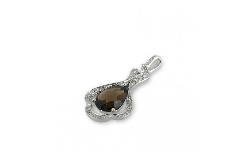 14K White Gold Smokey Quartz With Diamond Pendant