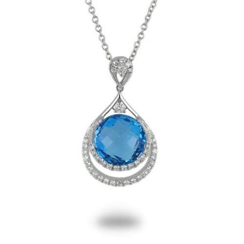 14K White Gold Blue Topaz With Diamond Pendant