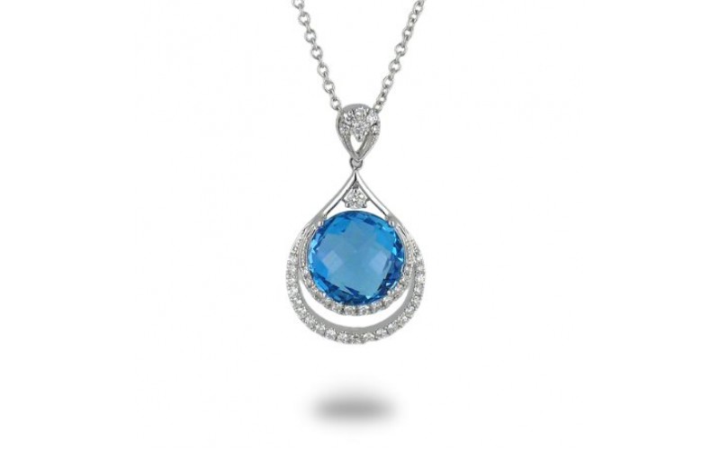 14K White Gold Blue Topaz With Diamond Pendant