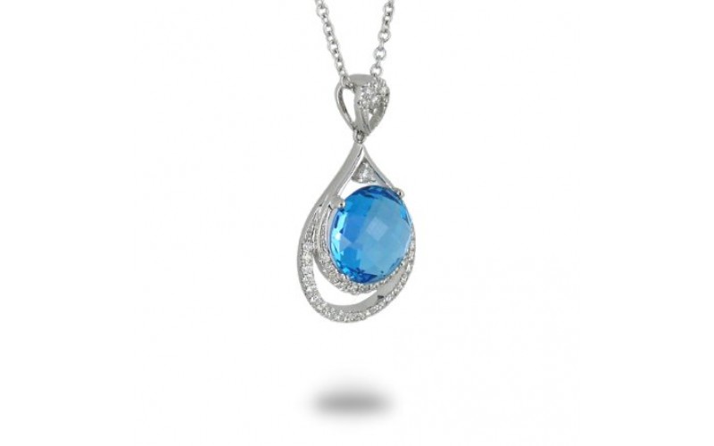 14K White Gold Blue Topaz With Diamond Pendant