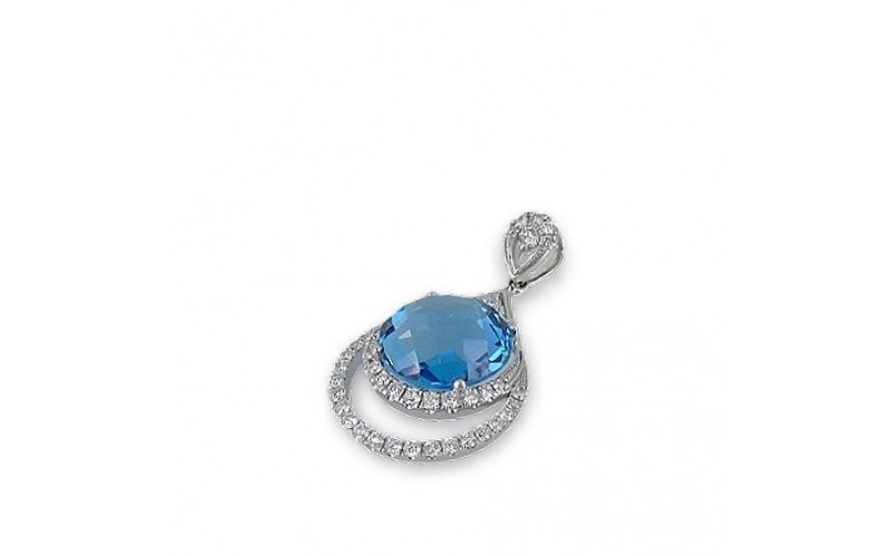 14K White Gold Blue Topaz With Diamond Pendant