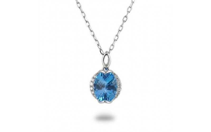 14K White Gold Blue Topaz With Diamond Pendant