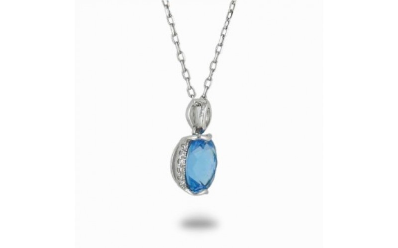 14K White Gold Blue Topaz With Diamond Pendant