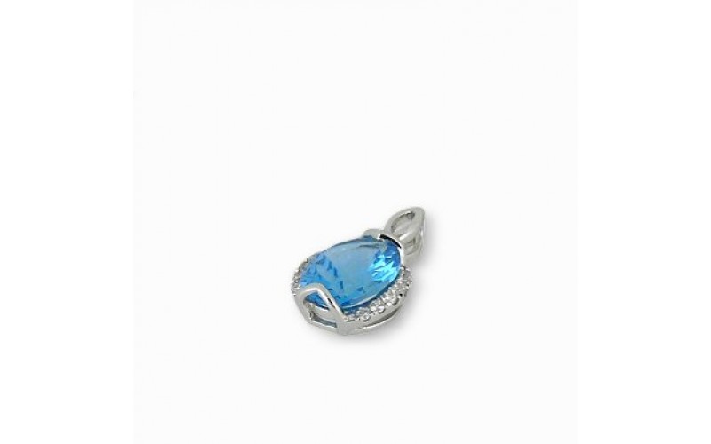 14K White Gold Blue Topaz With Diamond Pendant