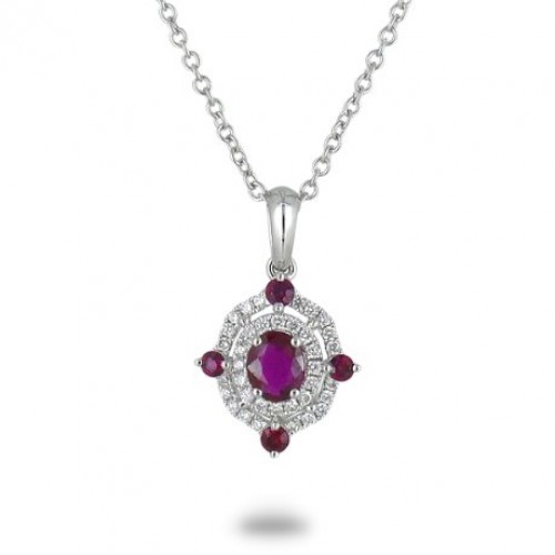 14K White Gold Ruby With Diamond Pendant