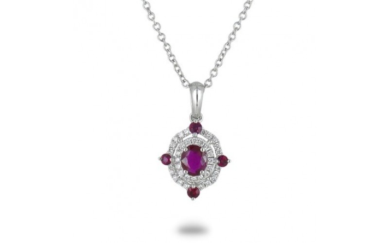 14K White Gold Ruby With Diamond Pendant