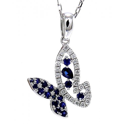 14K White Gold Sapphire With Diamond Pendant