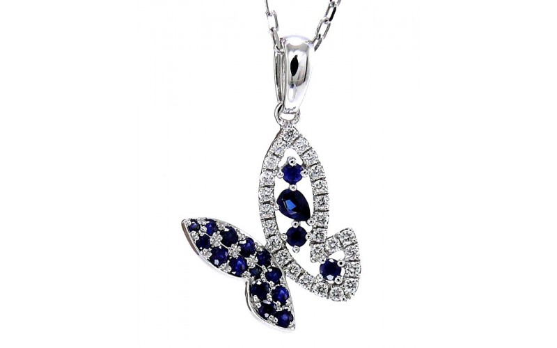 14K White Gold Sapphire With Diamond Pendant