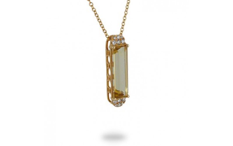 14K Yellow Gold Cirtine & Diamond Pendant With Chain