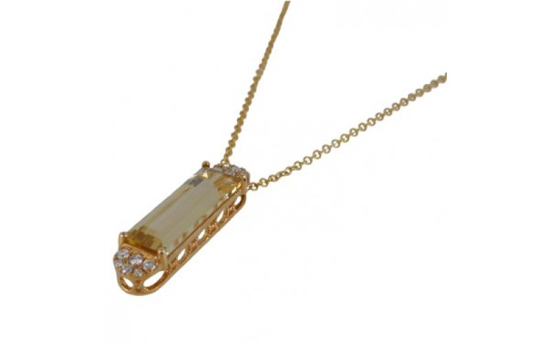 14K Yellow Gold Cirtine & Diamond Pendant With Chain