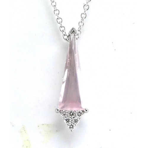 14K White Gold Rose Quartz & Diamond Pendant With Chain