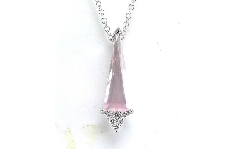 14K White Gold Rose Quartz & Diamond Pendant With Chain