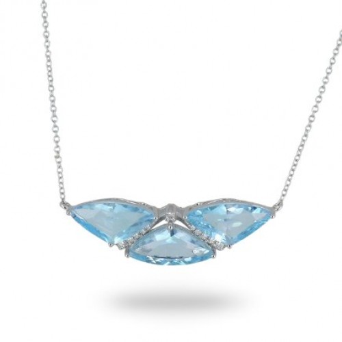 14K White Gold Blue Topaz & Diamond Pendant With Chain