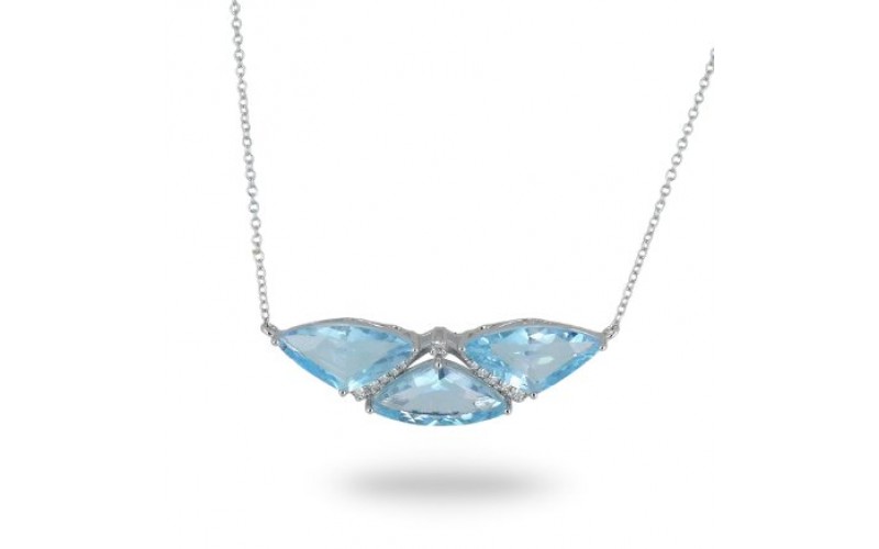 14K White Gold Blue Topaz & Diamond Pendant With Chain