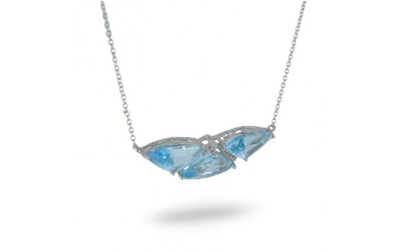 14K White Gold Blue Topaz & Diamond Pendant With Chain
