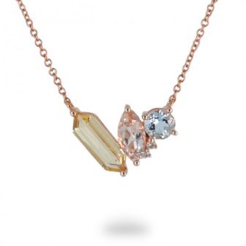 14K Rose Gold Multi- Color Gems, Diamond Pendant With Chain