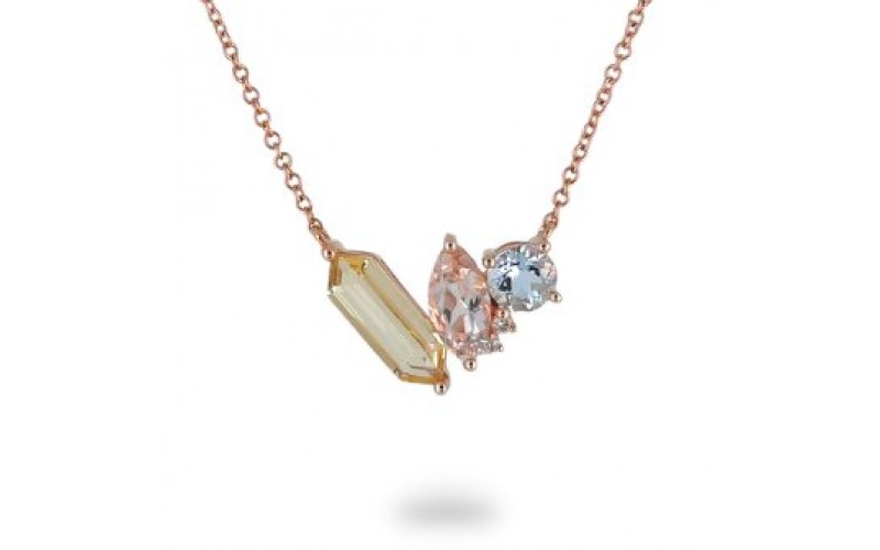 14K Rose Gold Multi- Color Gems, Diamond Pendant With Chain