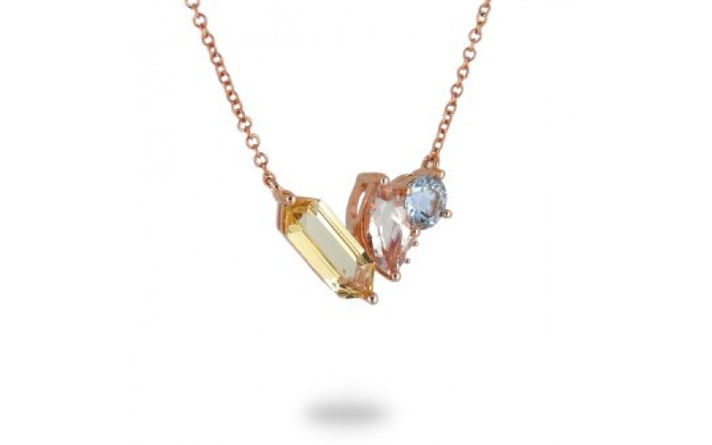 14K Rose Gold Multi- Color Gems, Diamond Pendant With Chain