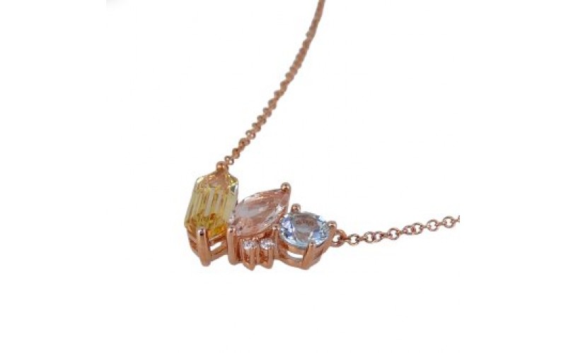 14K Rose Gold Multi- Color Gems, Diamond Pendant With Chain