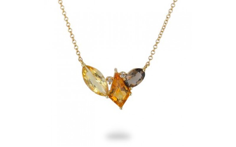 14K Yellow Gold Multi- Color Gems, Diamond Pendant With Chain