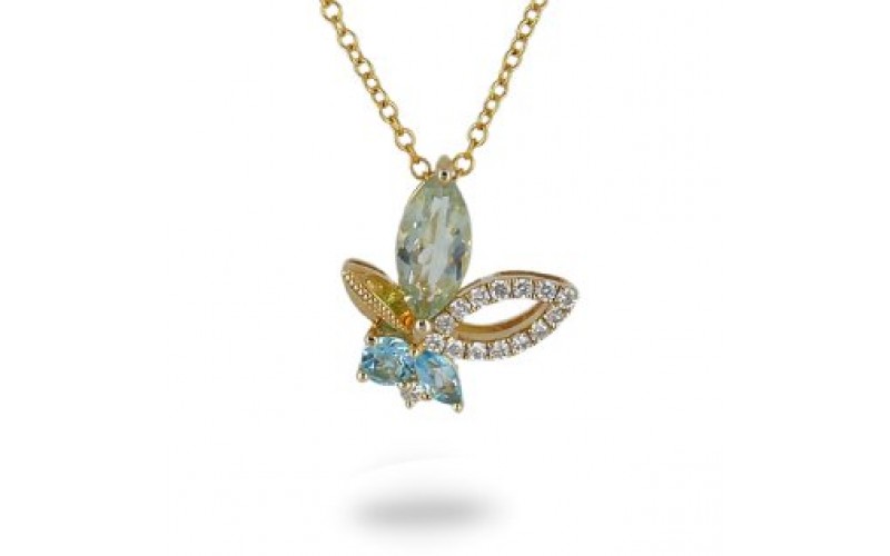 14K Yellow Gold Multi- Color Gems, Diamond Pendant With Chain