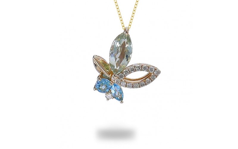 14K Yellow Gold Multi- Color Gems, Diamond Pendant With Chain