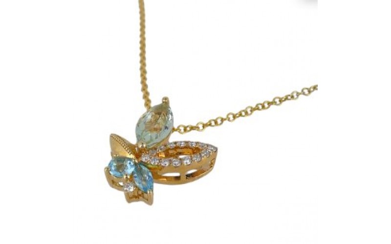 14K Yellow Gold Multi- Color Gems, Diamond Pendant With Chain