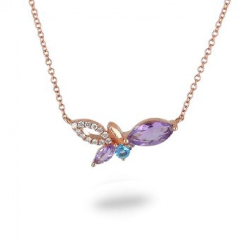 14K Rose Gold Multi- Color Gems, Diamond Pendant With Chain