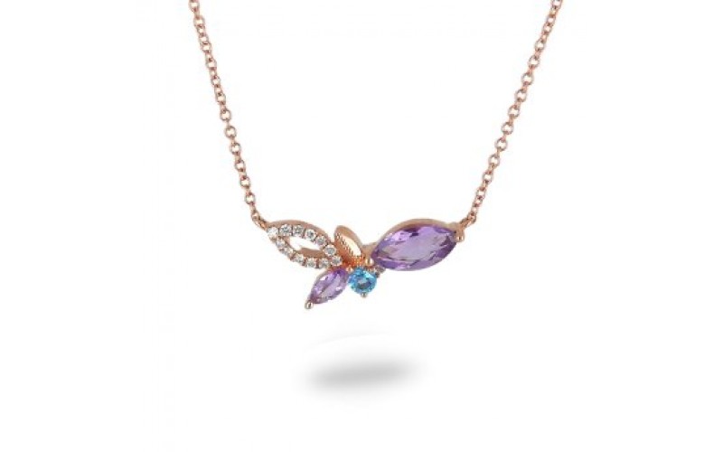 14K Rose Gold Multi- Color Gems, Diamond Pendant With Chain
