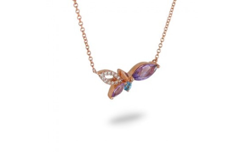14K Rose Gold Multi- Color Gems, Diamond Pendant With Chain