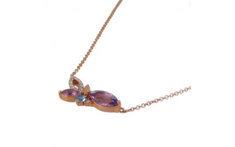 14K Rose Gold Multi- Color Gems, Diamond Pendant With Chain