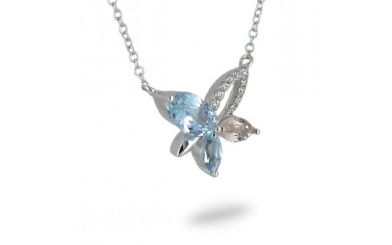 14K White Gold Multi- Color Gems, Diamond Pendant With Chain