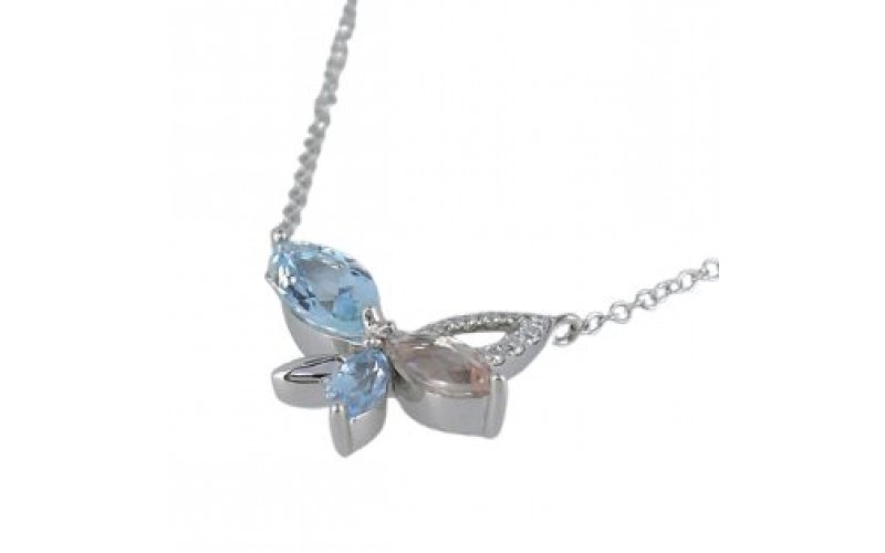 14K White Gold Multi- Color Gems, Diamond Pendant With Chain