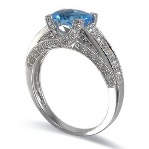 14K White Gold Blue Topaz With Diamond Ring