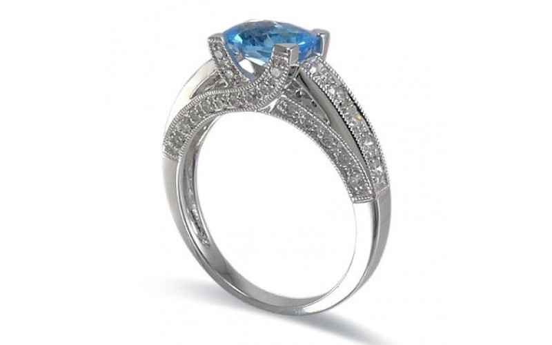 14K White Gold Blue Topaz With Diamond Ring