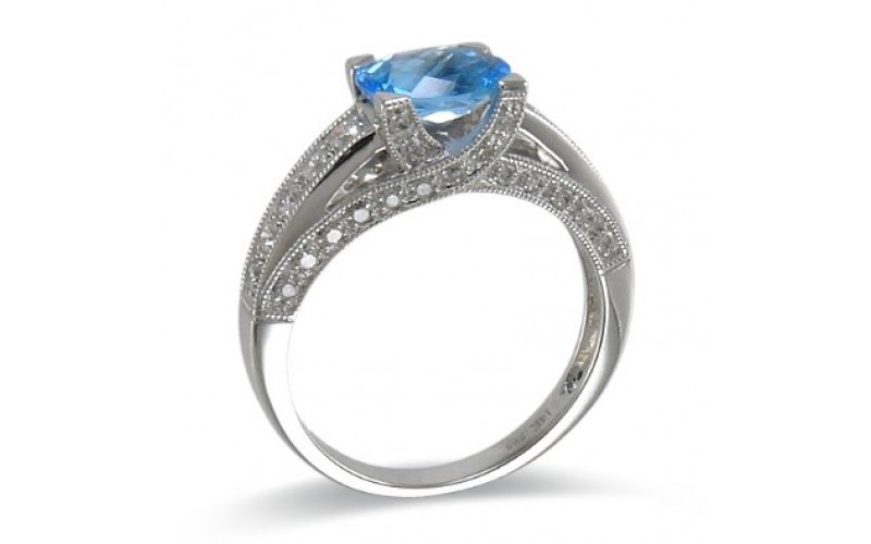 14K White Gold Blue Topaz With Diamond Ring