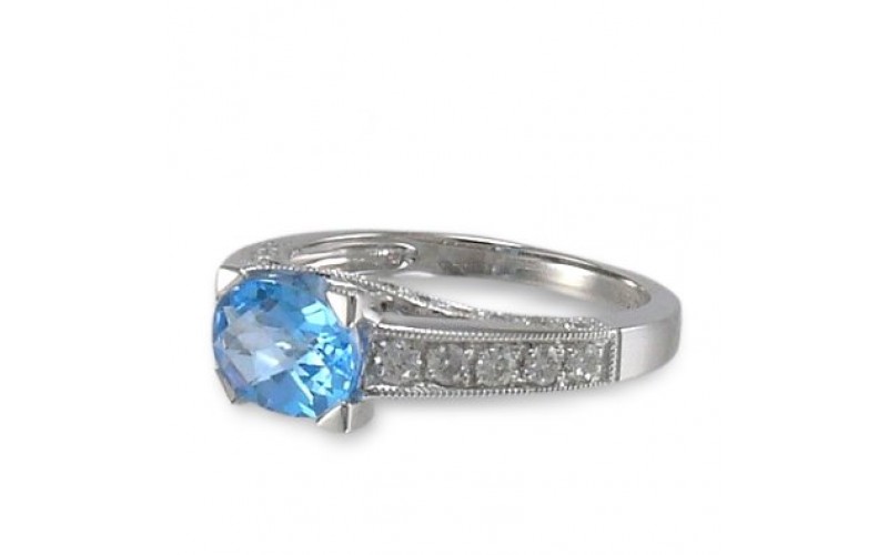 14K White Gold Blue Topaz With Diamond Ring