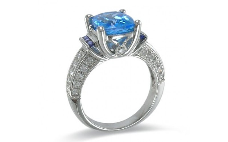 14K White Gold Blue Topaz With Diamond Ring