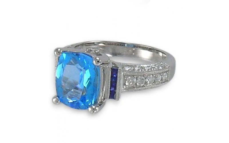 14K White Gold Blue Topaz With Diamond Ring